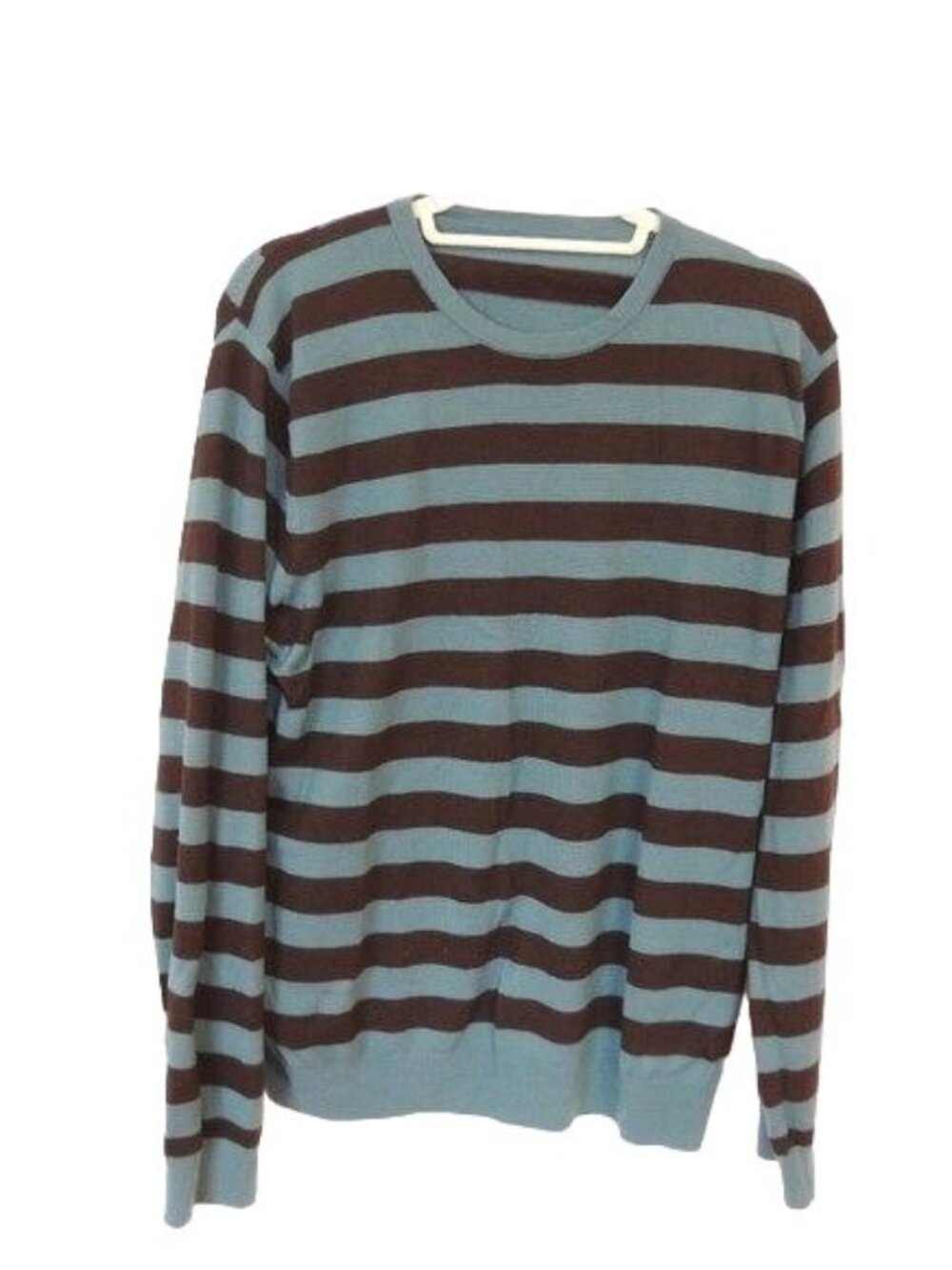Striped Blue & Brown Long Sleeve Knit Pullover Sweater - Mens Size Large